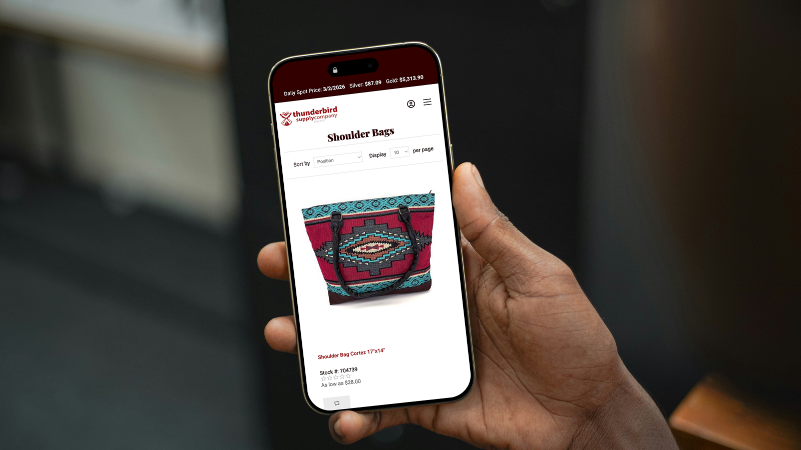 Display of shoulder bag product on mobile device